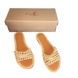 Carrie Forbes Sandal Flat Slide Natural Raffia Woven Tan Leather Sz 6 EU 36 NWT